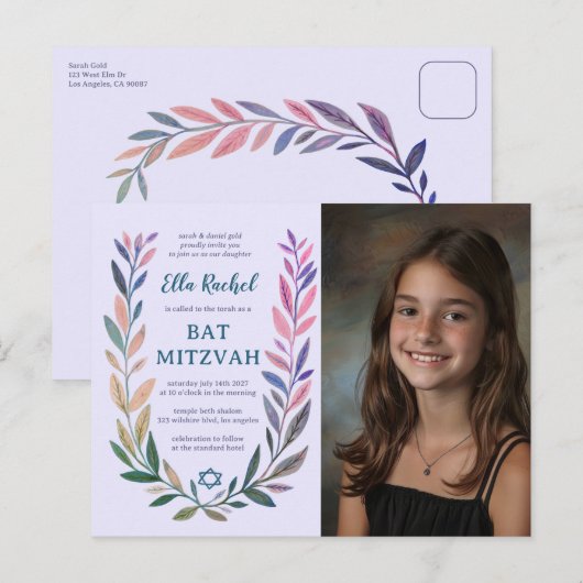 Carte Postale Botanical Watercolor CUSTOM PHOTO Bat Bar Mitzvah (Devant / Derrière)
