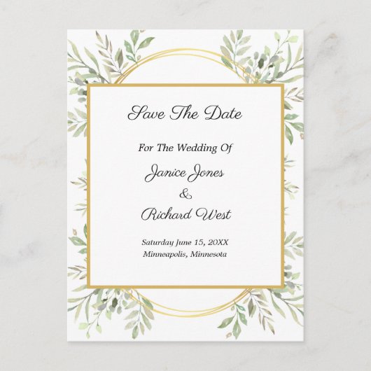 Carte Postale Botanique Eucalyptus Gold Frame Enregistrer La Dat (Devant)