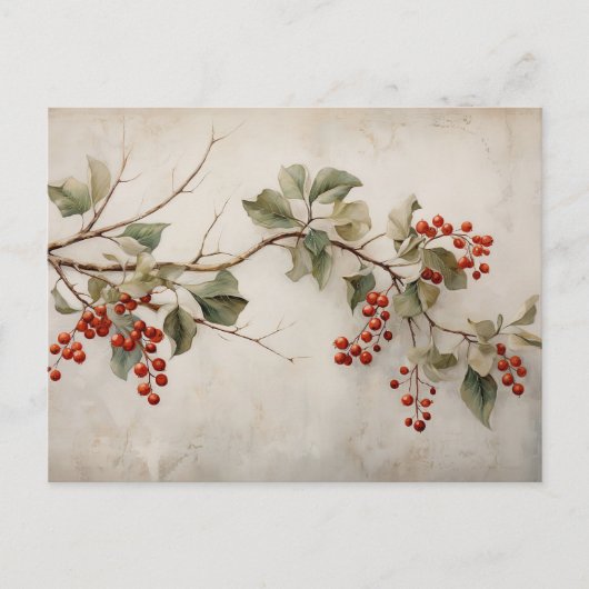 Carte Postale Botanique Green Holly et Red Berries (Devant)