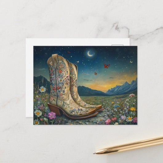 Carte Postale Bottes de cowboy dans la prairie (Devant/Arrière en situation)