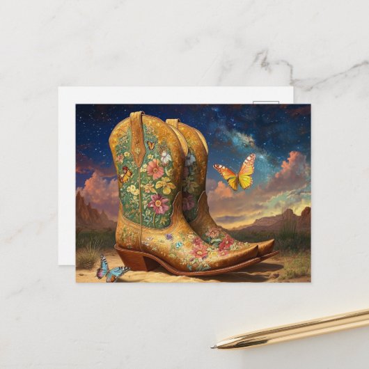 Carte Postale Bottes de cowboy dans la prairie (Devant/Arrière en situation)