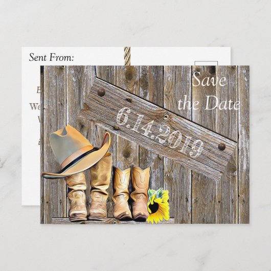 Carte Postale Bottes de cowboy et tournesols Sauvez la dateMaria (Devant / Derrière)