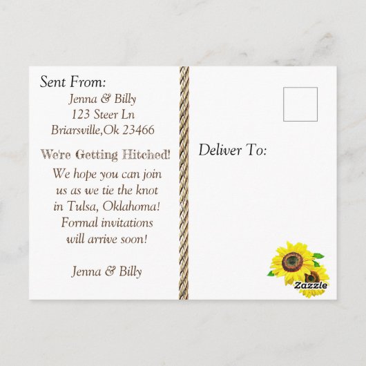 Carte Postale Bottes de cowboy et tournesols Sauvez la dateMaria (Dos)