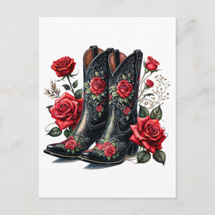 Carte Postale Bottes de cowboy noires avec des roses rouges