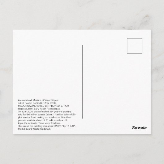 Carte Postale Botticelli (1445-1510) Madonna & Child Enthroned (Dos)