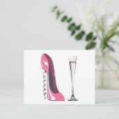 Carte Postale Bouchon rose Stiletto Chaussure et Flûte Champagne (Debout devant)
