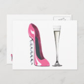 Carte Postale Bouchon rose Stiletto Chaussure et Flûte Champagne (Devant / Derrière)