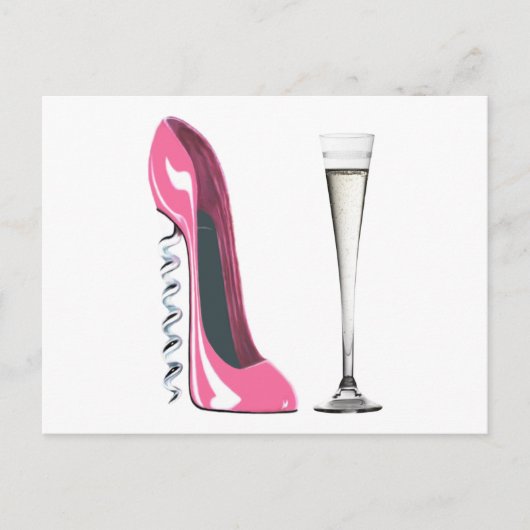 Carte Postale Bouchon rose Stiletto Chaussure et Flûte Champagne (Devant)