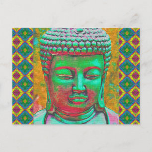 Carte Postale Bouddha Pop en vert Turquoise et rouge