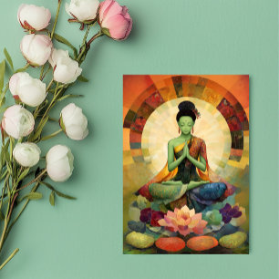 Carte Postale Bouddha Tara verte peinture florale Zen