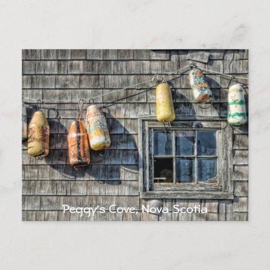 Carte Postale Bouées sur un mur, Peggy’s Cove, Nouvelle-Écosse. (Devant)