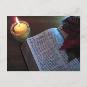 Carte Postale Bougie, Bible et Poinsetta