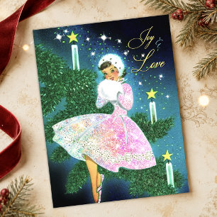 Carte Postale Bougie de Noël vintage fille paillettes iridescent