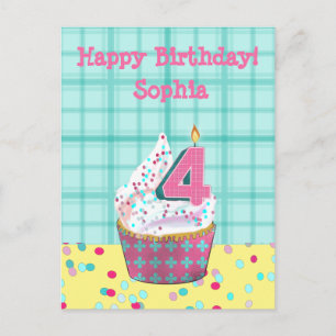 Carte Postale Bougie du 4e anniversaire   Pink Turquoise Foil Cu