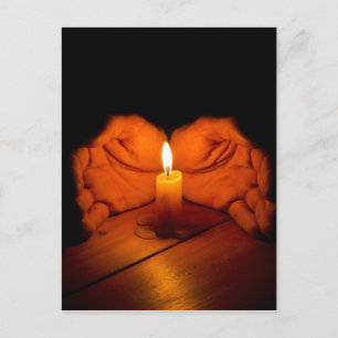 Carte Postale Bougie, mains, flamme, bois.