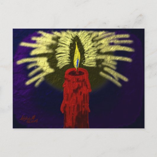 Carte Postale bougie rouge avec lumière dorée, fond bleu nuit (Devant)