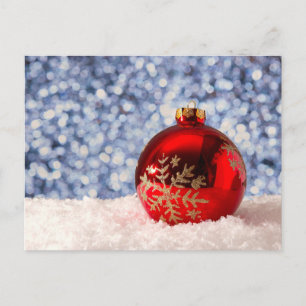 Carte Postale Boule de Noël flocon de neige rouge