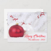 Carte Postale Boule de Noël Rouge et Blanc Joyeux (Devant / Derrière)