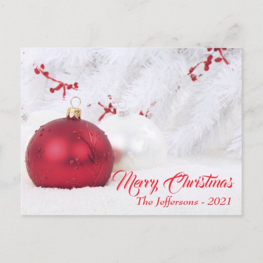 Carte Postale Boule de Noël Rouge et Blanc Joyeux (Devant)