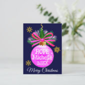 Carte Postale Boule de Noël unique ruban rose (Debout devant)