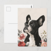 Carte Postale Bouledogue Français Aquarelle Florale (Devant / Derrière)