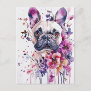 Carte Postale Bouledogue Français Aquarelle Florale