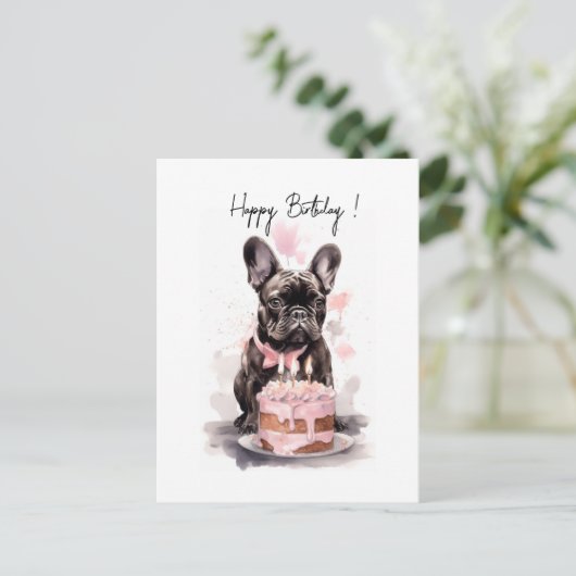 Carte Postale Bouledogue français avec gâteau d'anniversaire (Debout devant)