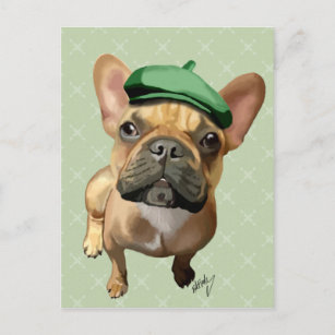 Carte Postale Bouledogue français Brown avec le casquette vert