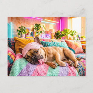 Carte Postale Bouledogue français dormant avec un masque de somm