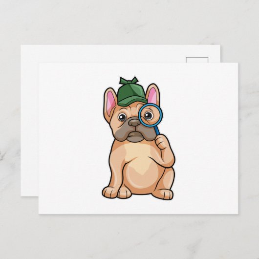 Carte Postale Bouledogue français en détective avec loupe (Devant / Derrière)