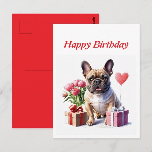 Carte Postale Bouledogue français Fleurs Anniversaire Bouledogue (Devant / Derrière)
