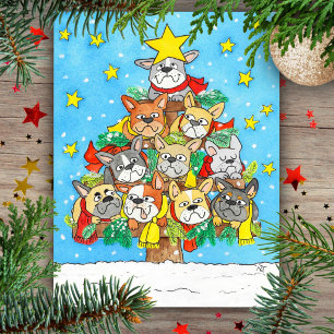 Carte Postale Bouledogues français arbre de Noël