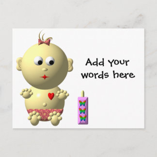 Carte Postale Bouncing Baby Girl avec coeur et 1 bouteille