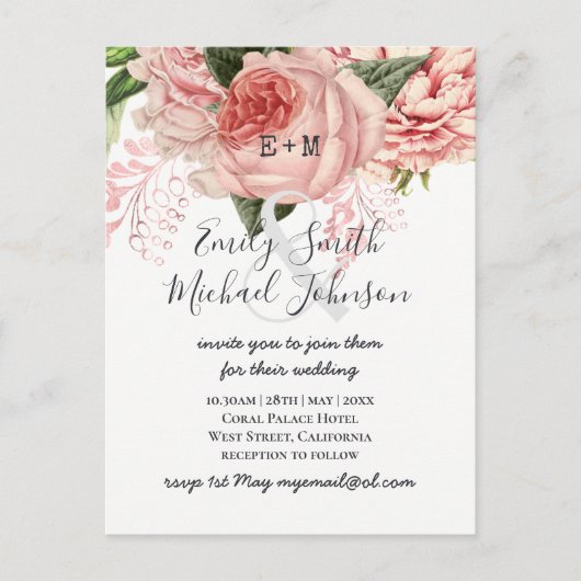 Carte Postale Bouquet Blush Rose or rose Mariage floral (Devant)