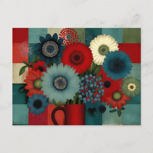 Carte Postale Bouquet de Bleuet Patchwork de Ferme (Devant)