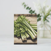 Carte Postale Bouquet de céleri frais sur bois (Debout devant)