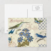 Carte Postale Bouquet de fleurs bleues, d'oiseaux et de papillon (Devant / Derrière)