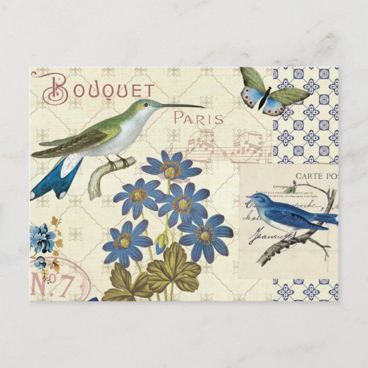 Carte Postale Bouquet de fleurs bleues, d'oiseaux et de papillon (Devant)