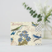 Carte Postale Bouquet de fleurs bleues, d'oiseaux et de papillon (Debout devant)