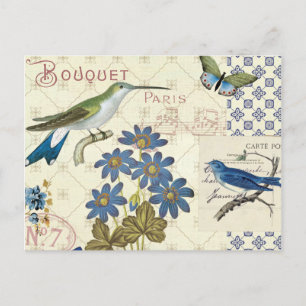 Carte Postale Bouquet de fleurs bleues, d'oiseaux et de papillon