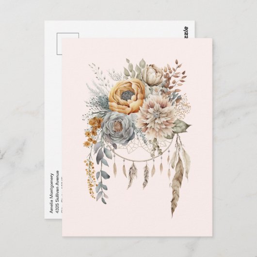 Carte Postale Bouquet de fleurs Boho et Dreamcatcher (Devant / Derrière)