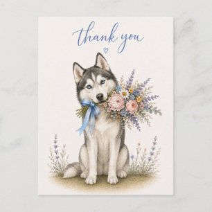 Carte Postale Bouquet de fleurs de Husky sibérien Merci