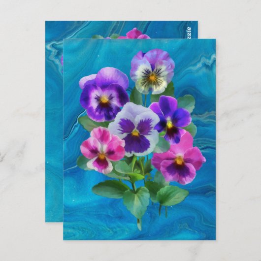 Carte Postale Bouquet de fleurs de violettes pensées MERCI (Devant / Derrière)