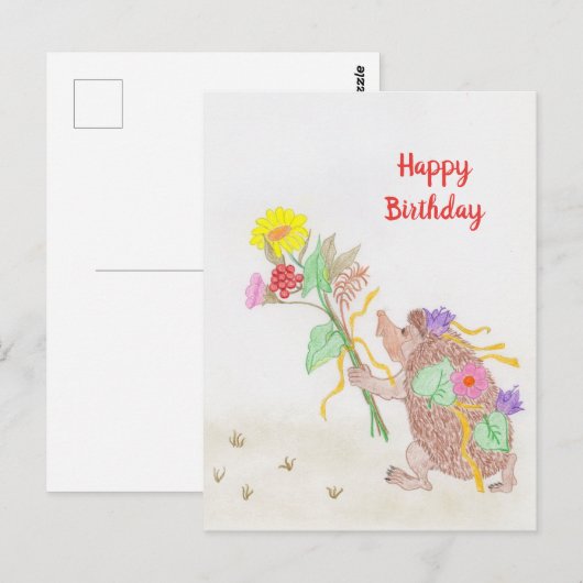 Carte Postale Bouquet de fleurs et hérisson (Devant / Derrière)