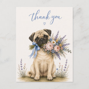 Carte Postale Bouquet de fleurs Pug Merci