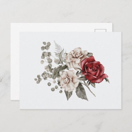 Carte Postale Bouquet de fleurs rouge gris et crème Boho (Devant / Derrière)