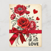 Carte Postale Bouquet de fleurs rouges avec coeur et ruban (Devant)