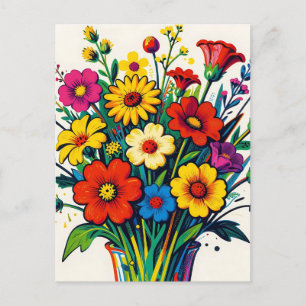 Carte Postale Bouquet de fleurs sauvages vibrant Art populaire