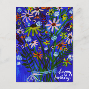 Carte Postale Bouquet de marguerites colorées Bleu Anniversaire 