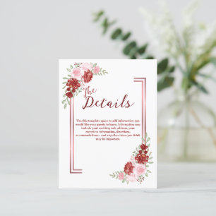 Carte Postale Bourgogne et Rose Floral Mariage